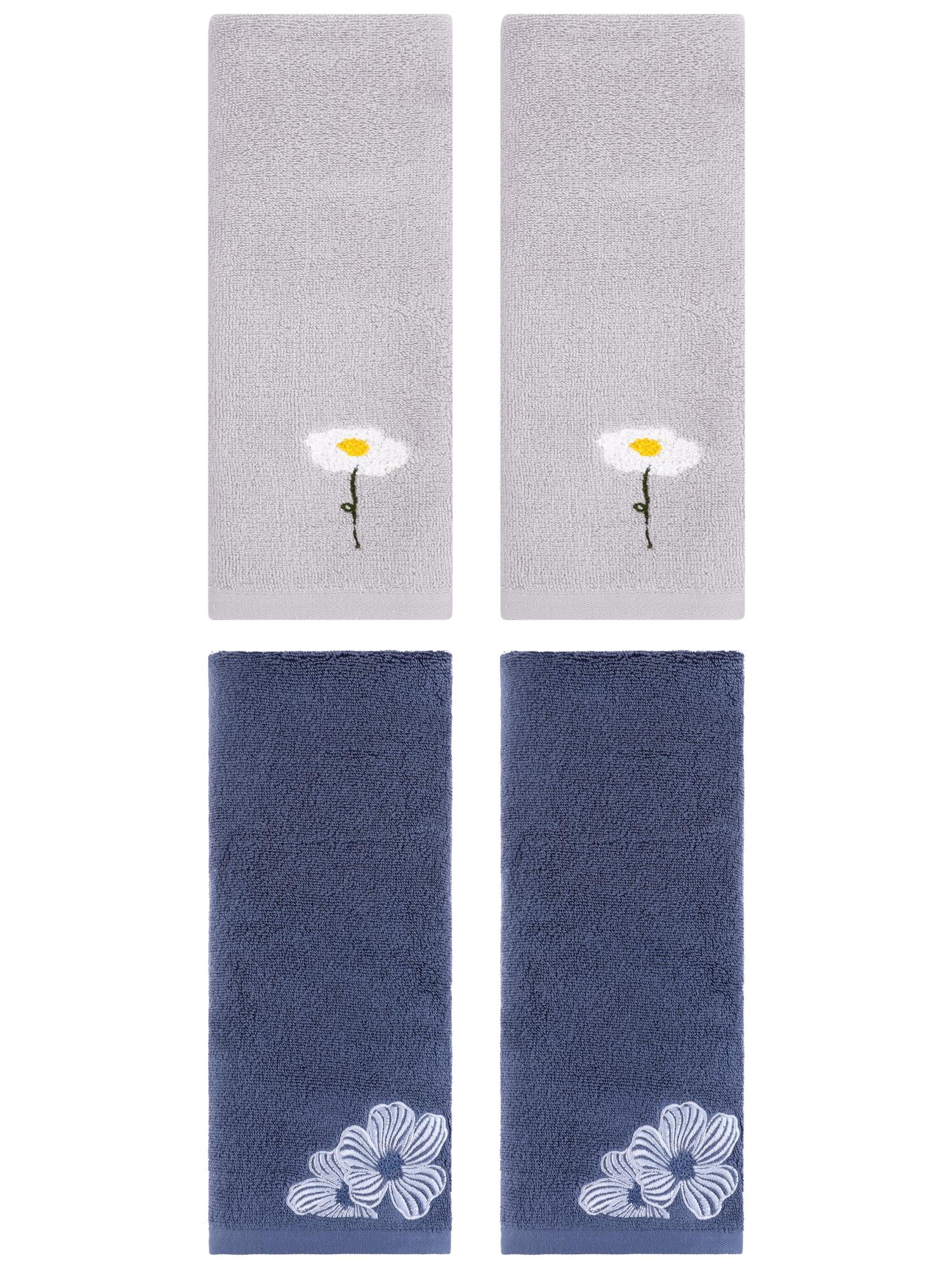 Unique Bargains Soft Floral Pattern Hand Towel Grey/Navy Blue 13" x 30"/14" x 31"