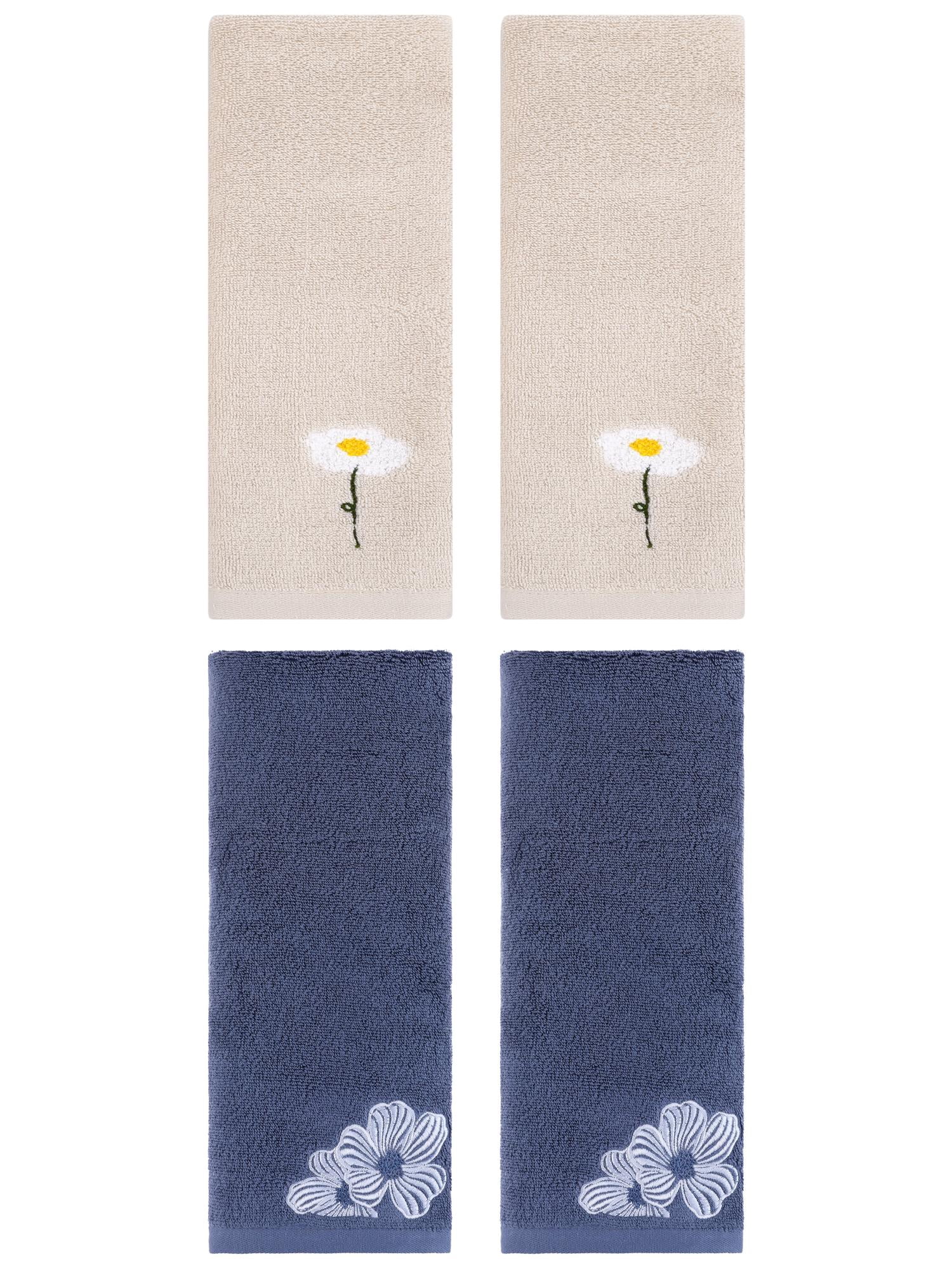 Unique Bargains Soft Floral Pattern Hand Towel Light Brown/Navy Blue 13" x 30"/14" x 31"