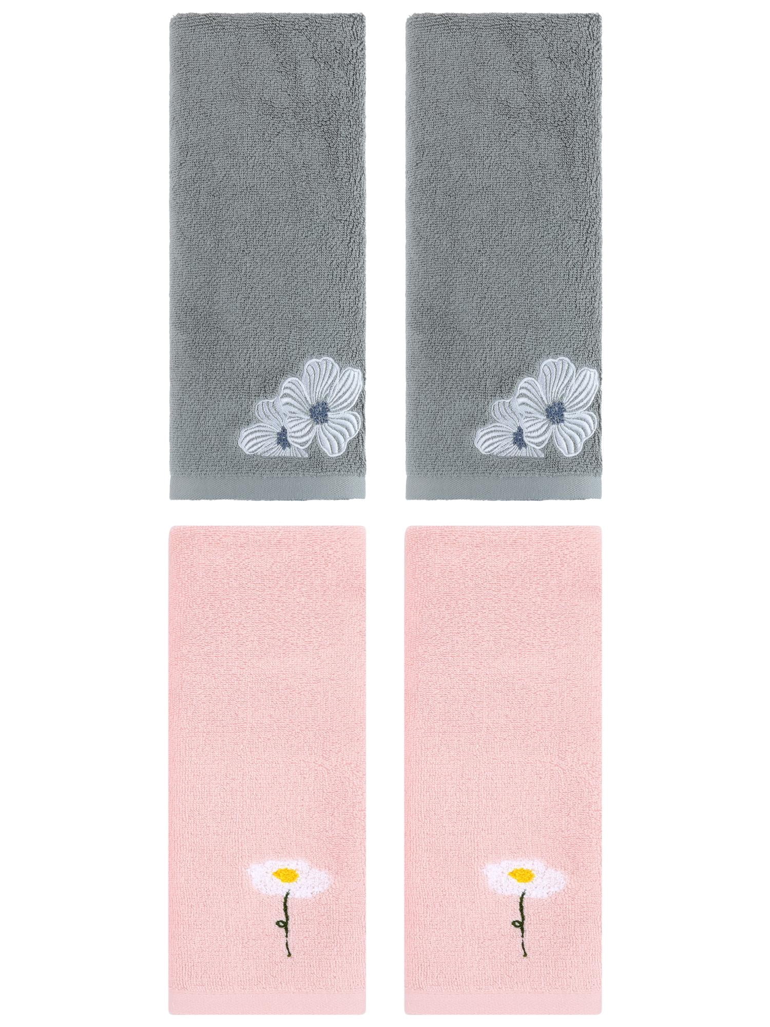 Unique Bargains Soft Floral Pattern Hand Towel Pink/Khaki 13" x 30"/14" x 31"