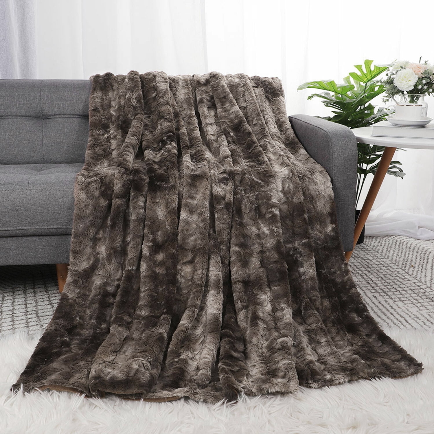 Unique Bargains Soft Fluffy Shaggy Faux Fur Blanket, Throw, Brown
