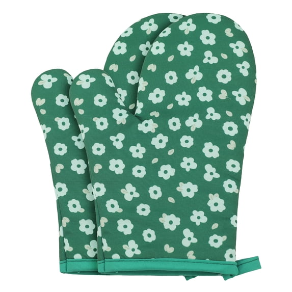Unique Bargains Soft Heat-Resistant Cotton Oven Mitts 2 Pcs Green 10.2x5.5 Inch