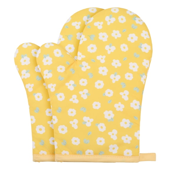 Unique Bargains Soft Heat-Resistant Cotton Oven Mitts 2 Pcs Yellow 10.2x5.5 Inch
