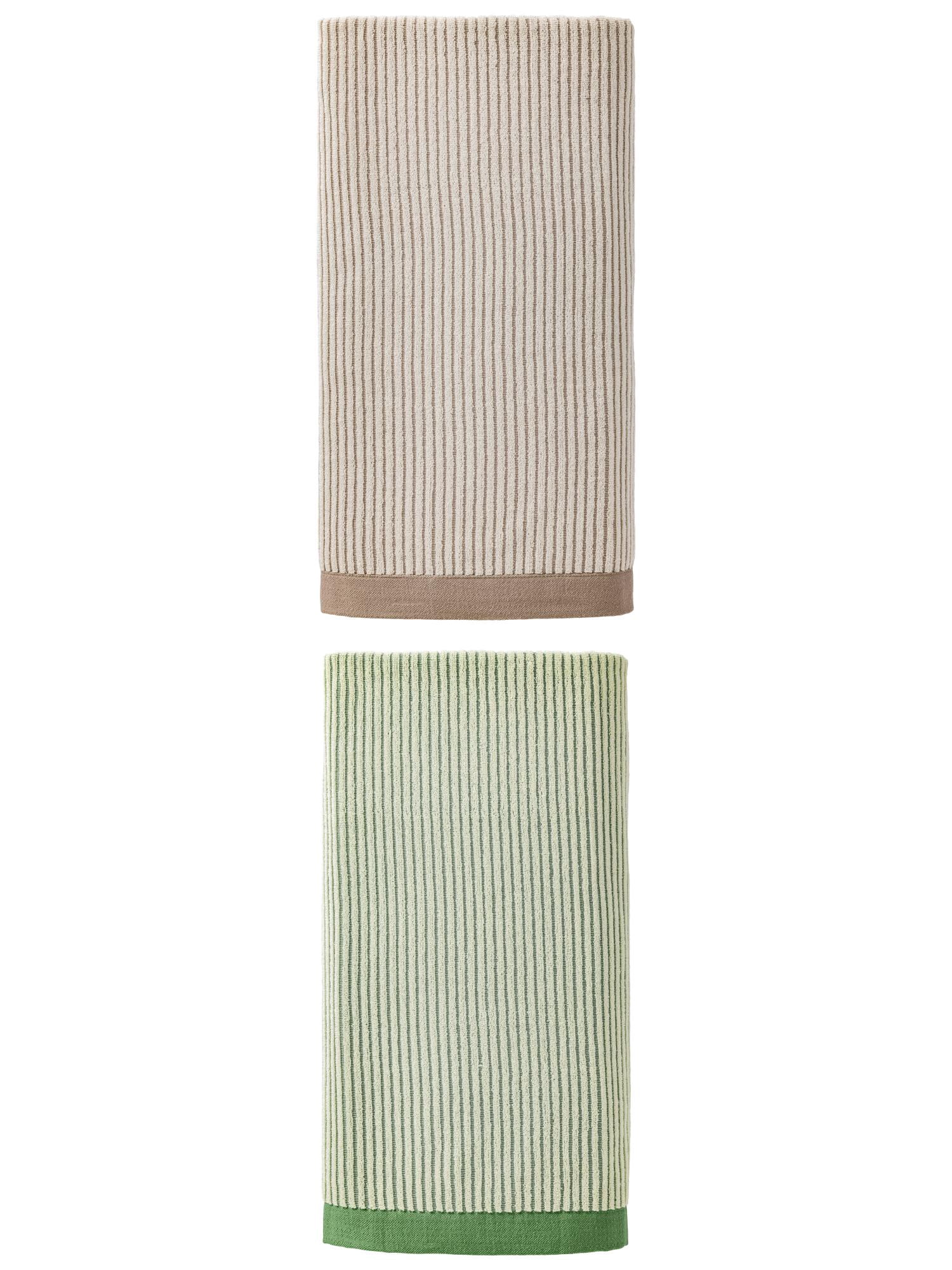 Unique Bargains Soft Highly Absorbent Cotton Striped Bath Towel 2 Pack Green/Brown 55"x28"