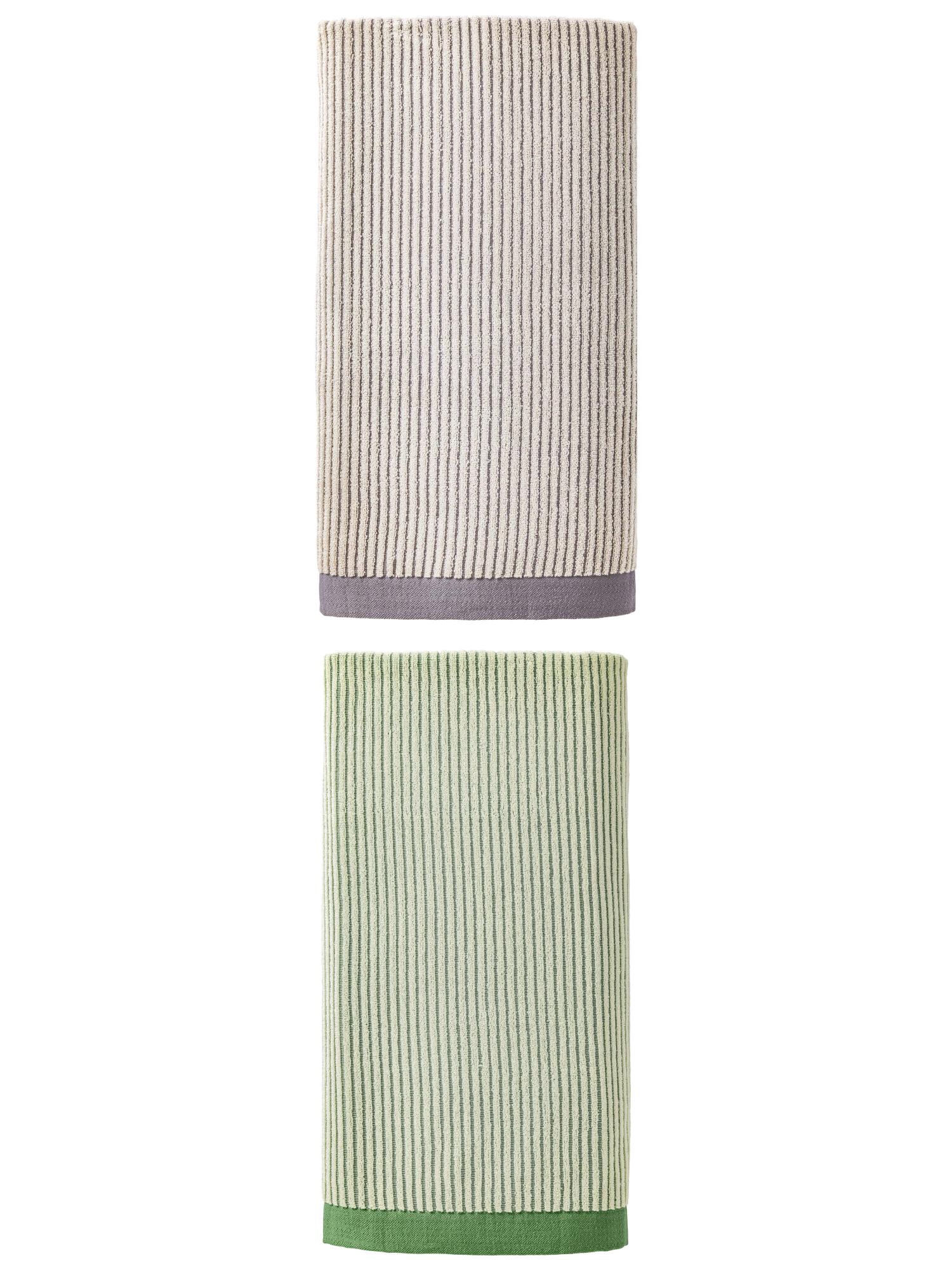 Unique Bargains Soft Highly Absorbent Cotton Striped Bath Towel 2 Pack Green/Grey 55"x28"