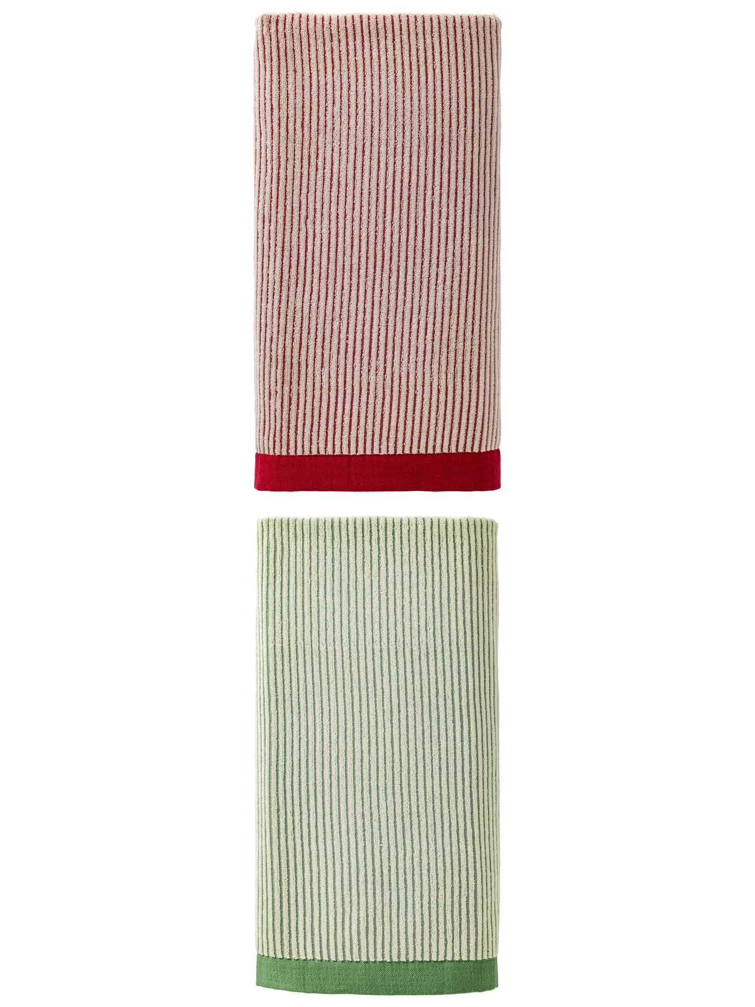 Unique Bargains Soft Highly Absorbent Cotton Striped Bath Towel 2 Pack Green/Red 55"x28"