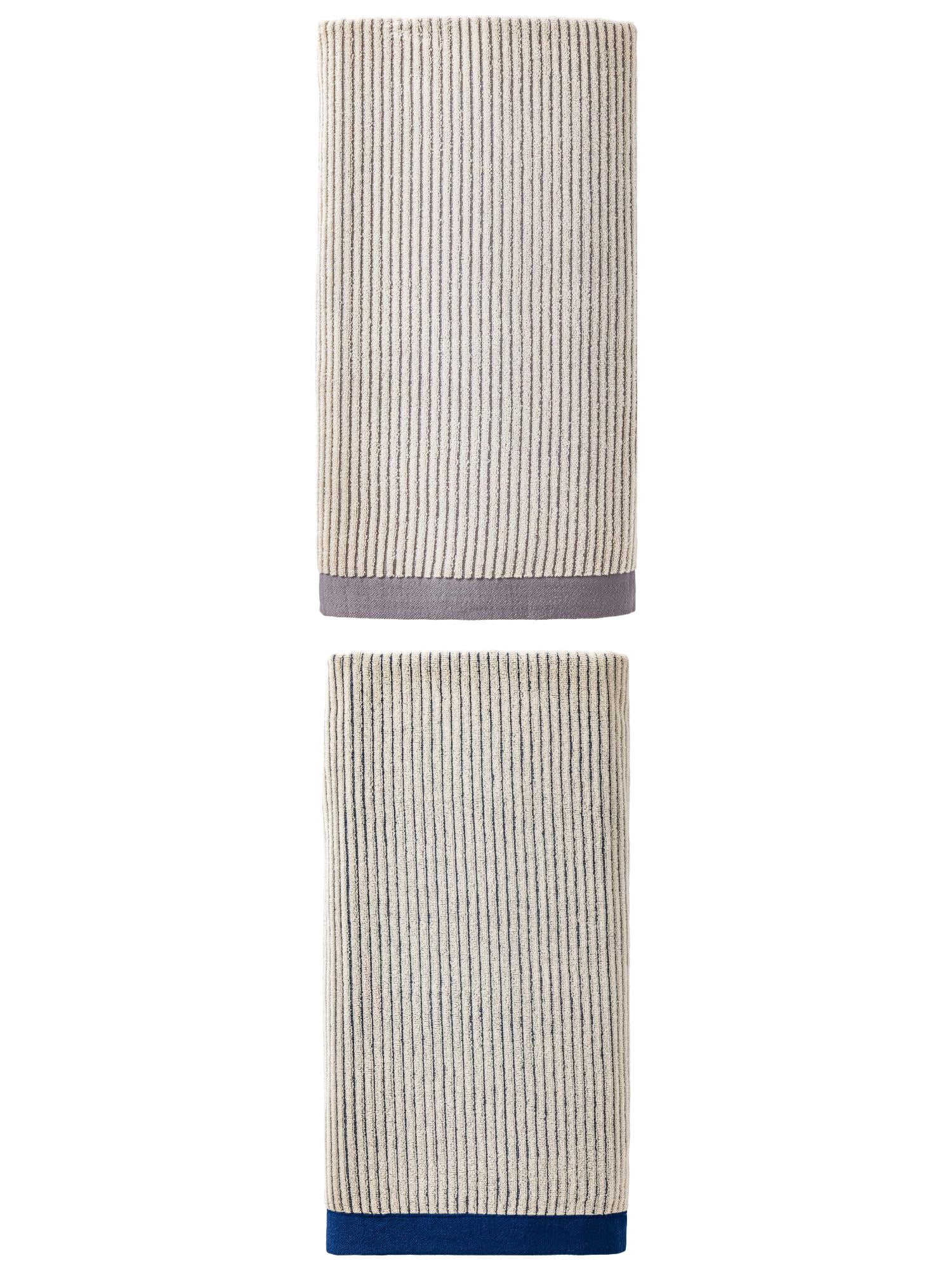 Unique Bargains Soft Highly Absorbent Cotton Striped Bath Towel 2 Pack Grey/Blue 55"x28"