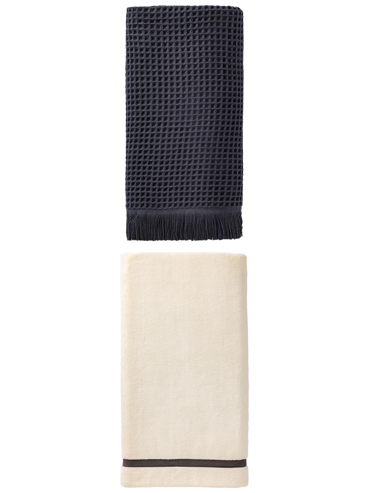 Unique Bargains Soft Knit Bath Towel 2 Pack Dark Blue/Beige 71" x 35"/63" x 31"