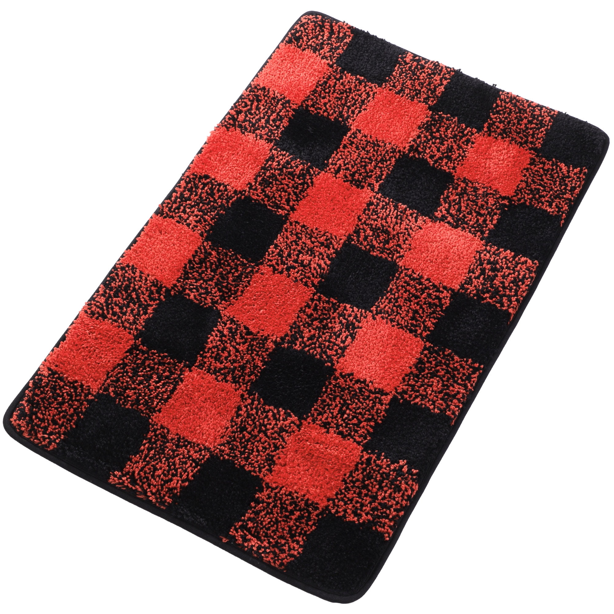 Unique Bargains Soft Microfiber Plaid Bathroom Rugs Black & Red 20"x30"