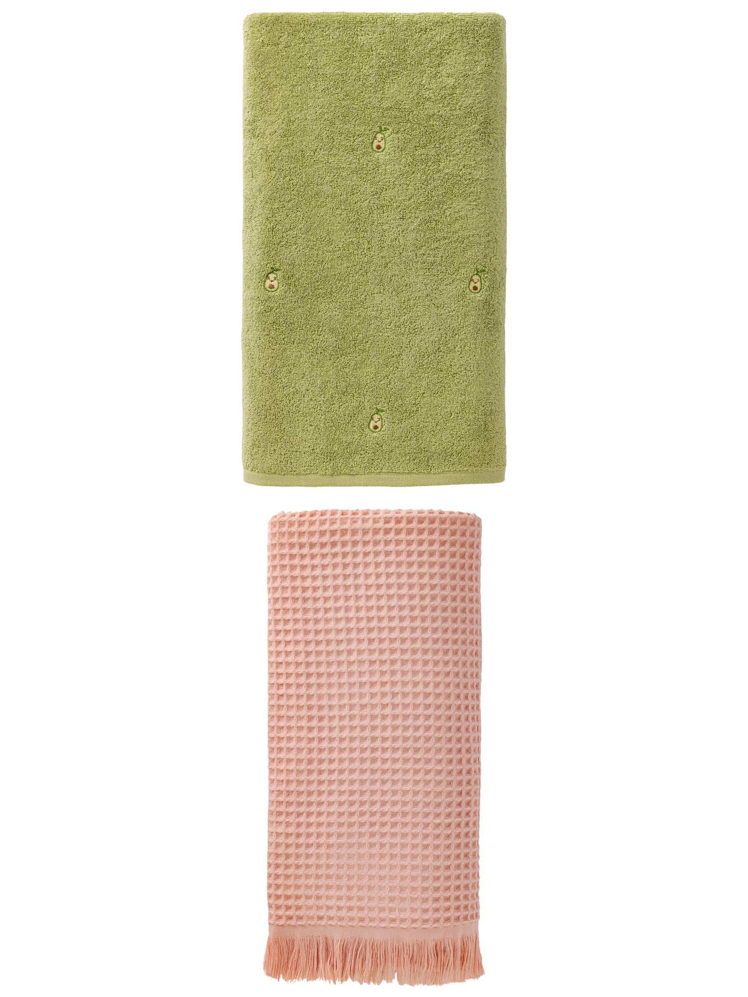 Unique Bargains Soft Waffle Bath Towel 2 Pack Pink/Avocado Green 71" x 35"/55" x 28"