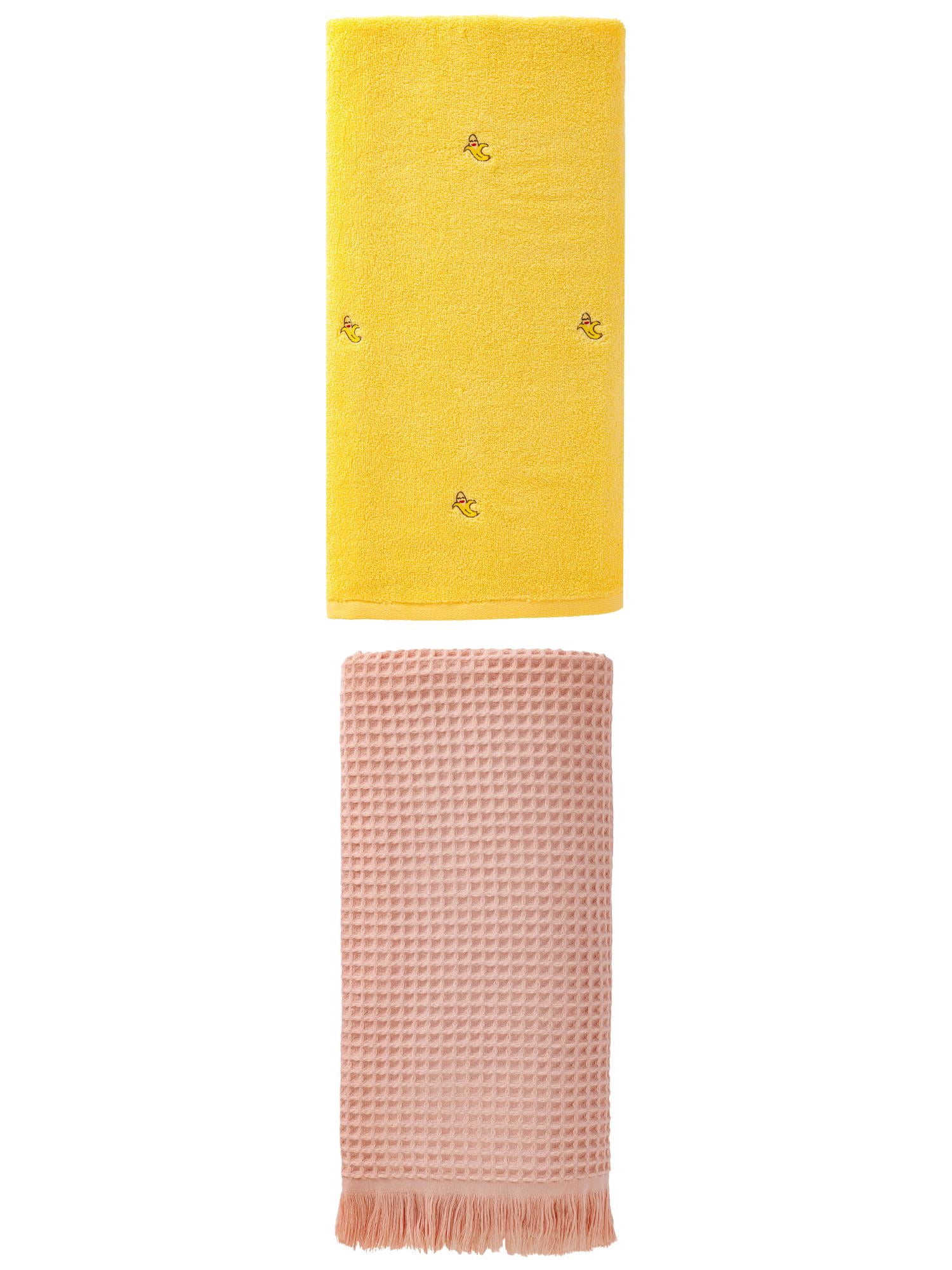 Unique Bargains Soft Plush Bath Towel 2 Pack Pink/Banana Yellow 71" x 35"/55" x 28"
