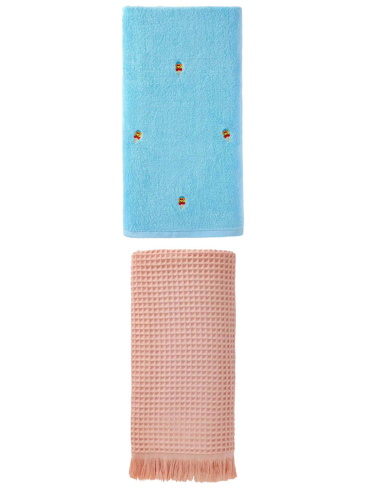 Unique Bargains Soft Plush Bath Towel 2 Pack Pink/Popsicle Blue 71" x 35"/55" x 28"