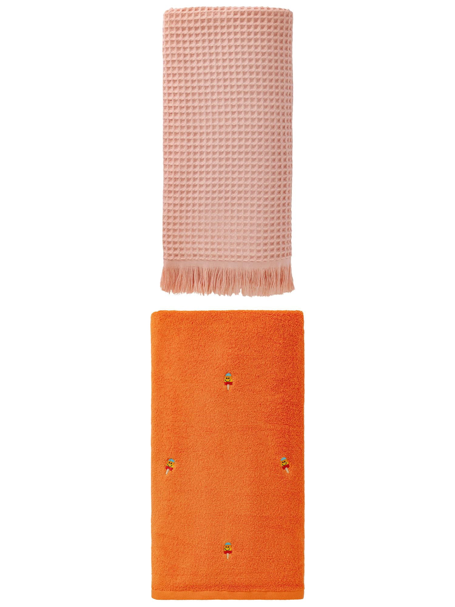 Unique Bargains Soft Plush Bath Towel 2 Pack Pink/Popsicle Orange 71" x 35"/55" x 28"