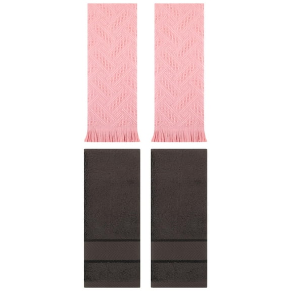 Unique Bargains Sold Striped Cotton Hand Towels 4 Pcs Dark Brown/Pink 14" x 30"/13" x 29"