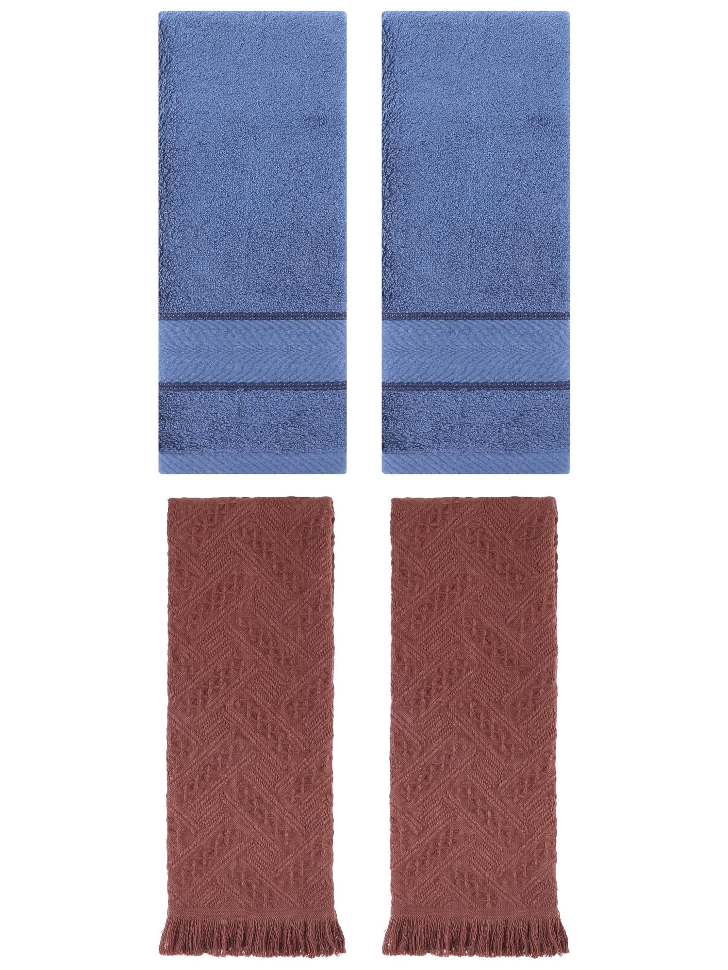 Unique Bargains Sold Striped Cotton Hand Towels 4 Pcs Light Blue/Brown 14" x 30"/13" x 29"