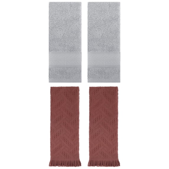 Unique Bargains Sold Striped Cotton Hand Towels 4 Pcs Light Grey/Brown 14" x 30"/13" x 29"