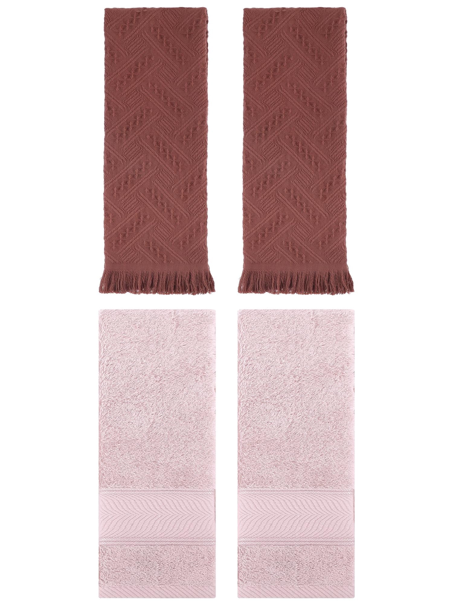 Unique Bargains Sold Striped Cotton Hand Towels 4 Pcs Light Pink/Brown 14" x 30"/13" x 29"