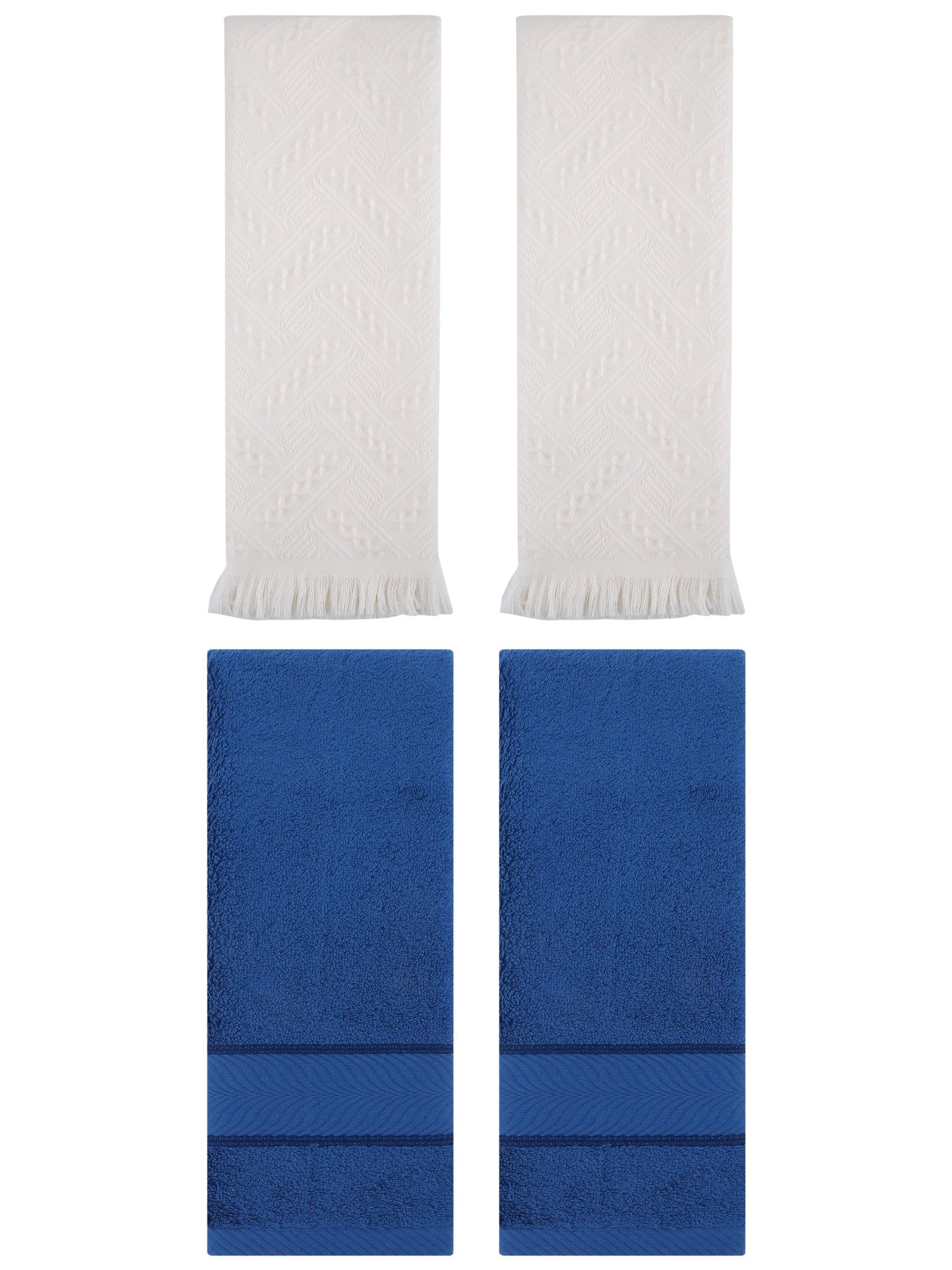 Unique Bargains Sold Striped Cotton Hand Towels 4 Pcs Navy Blue/Beige 14" x 30"/13" x 29"