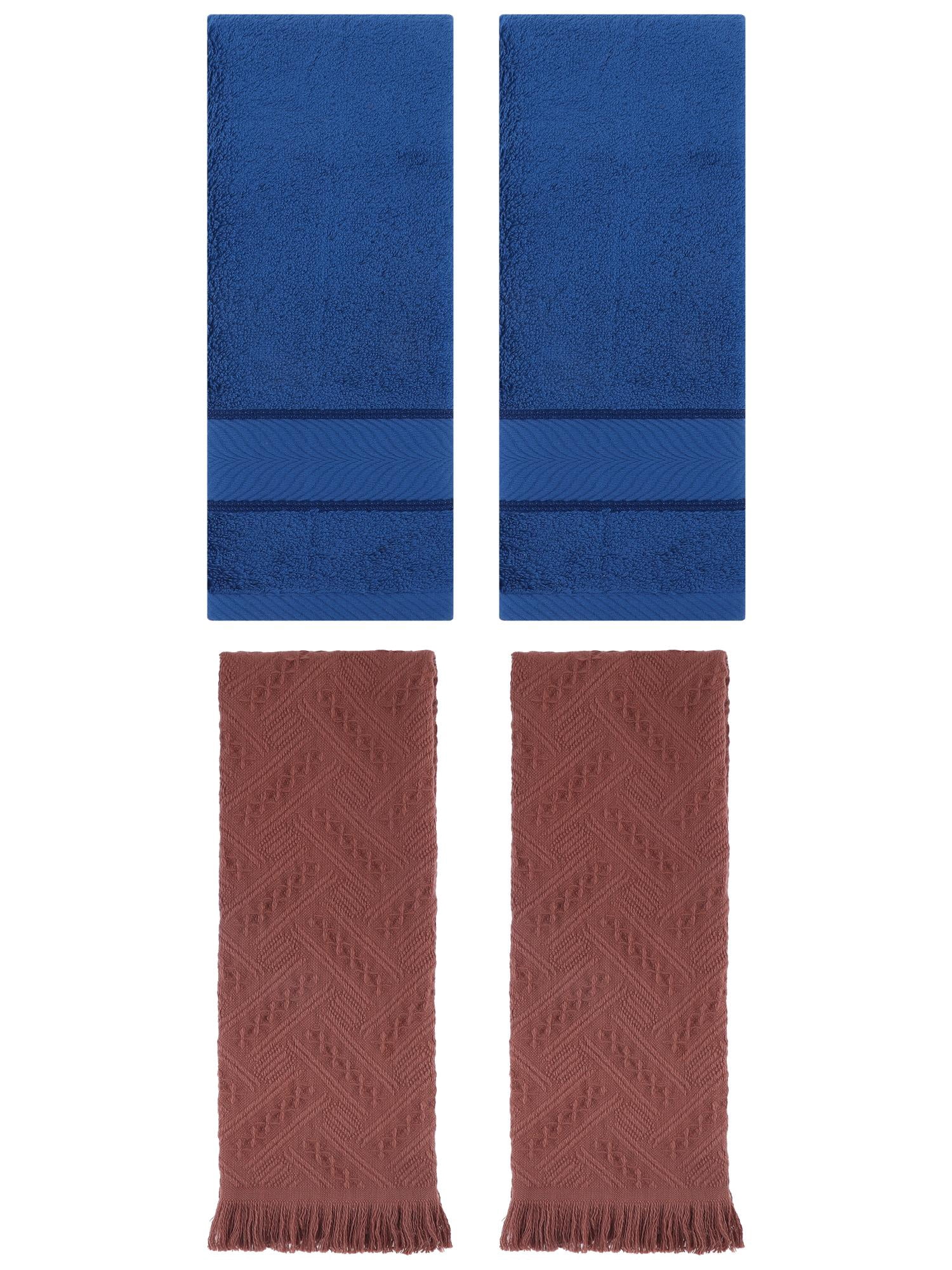 Unique Bargains Sold Striped Cotton Hand Towels 4 Pcs Navy Blue/Brown 14" x 30"/13" x 29"