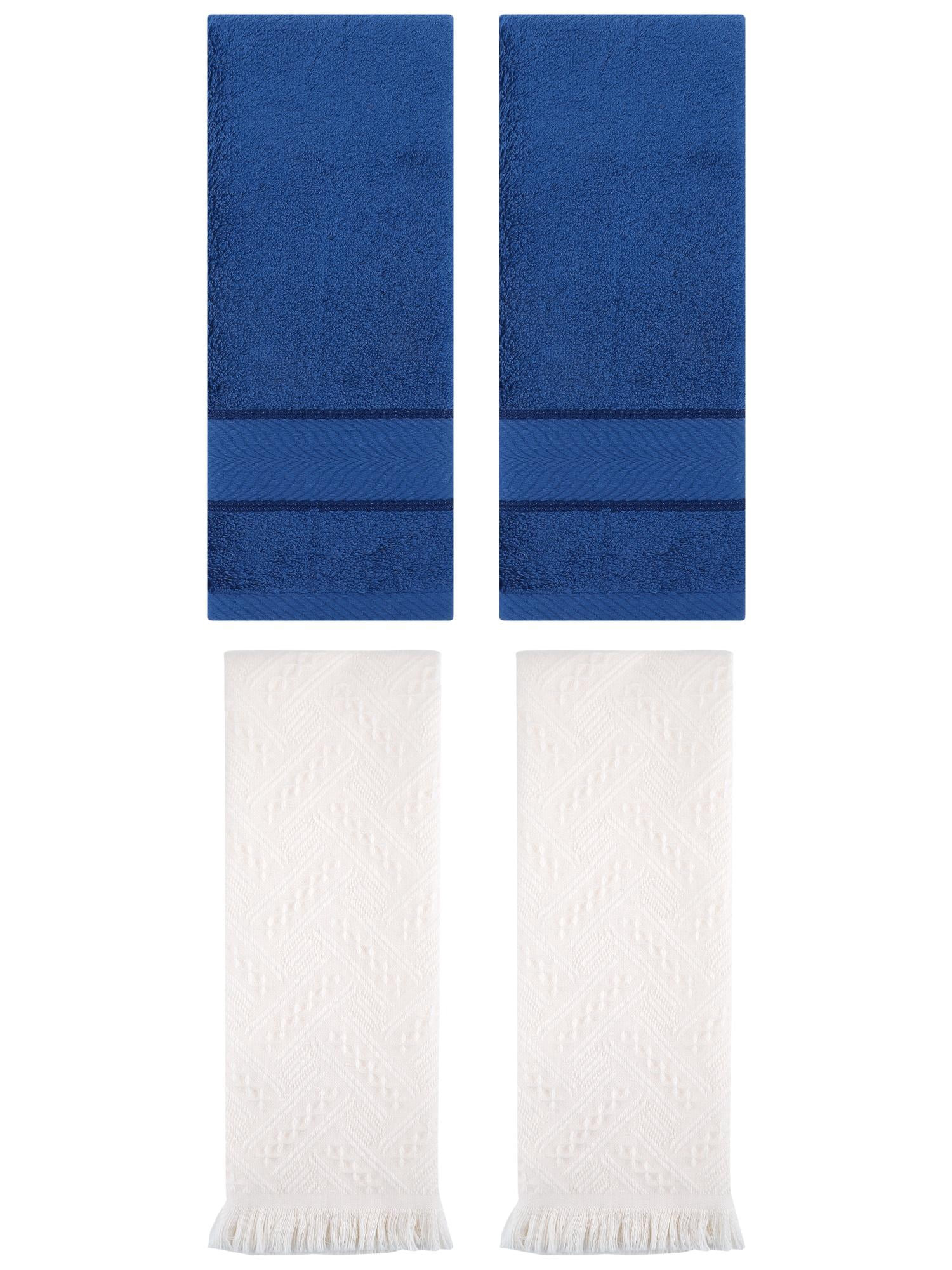Unique Bargains Sold Striped Cotton Hand Towels 4 Pcs Navy Blue/White 14" x 30"/13" x 29"