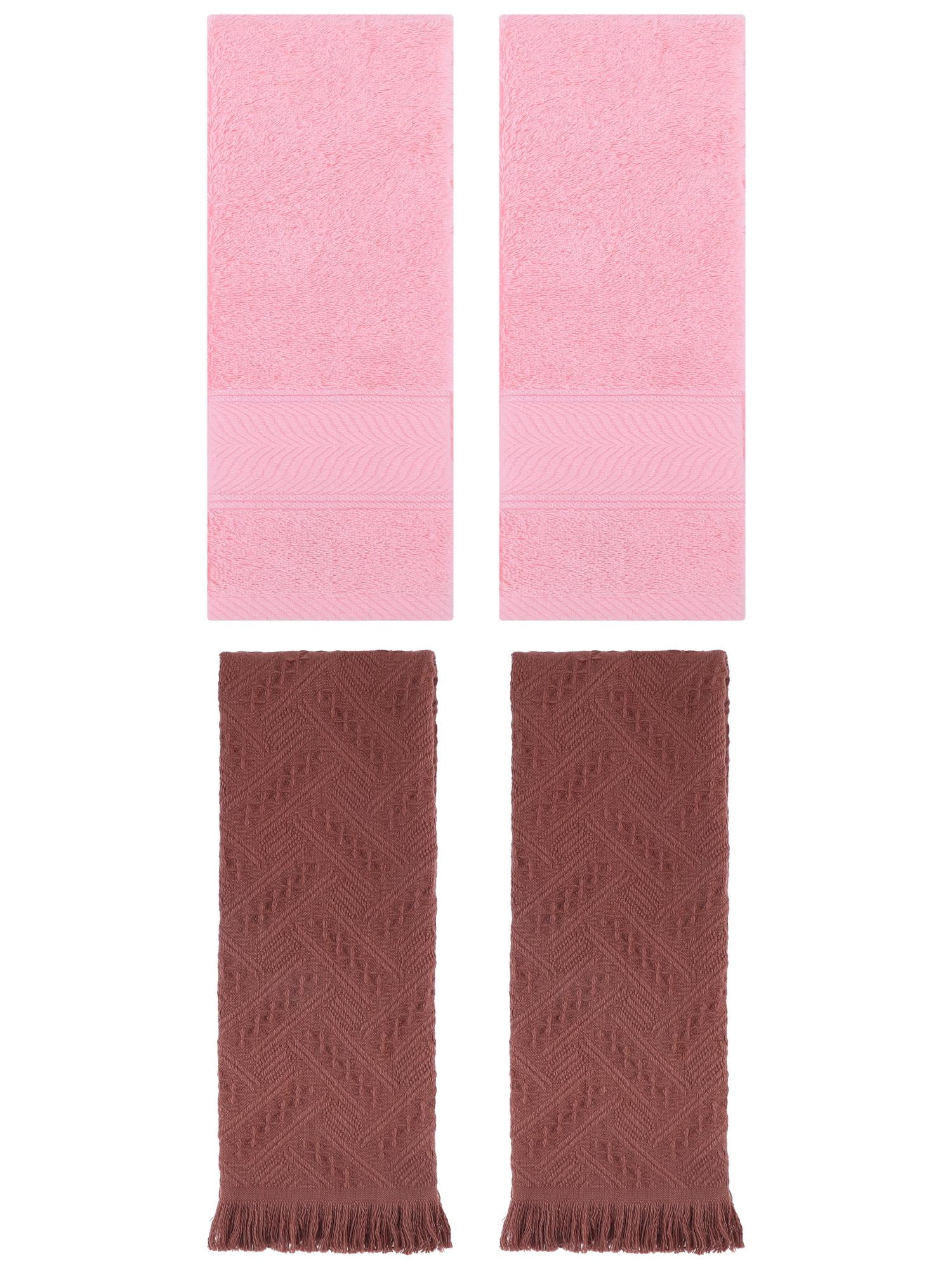 Unique Bargains Sold Striped Cotton Hand Towels 4 Pcs Pink/Brown 14" x 30"/13" x 29"