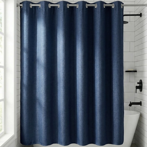 Unique Bargains Solid Color Linen-Like Shower Curtain Machine Washable Blue 71"W x 71"L