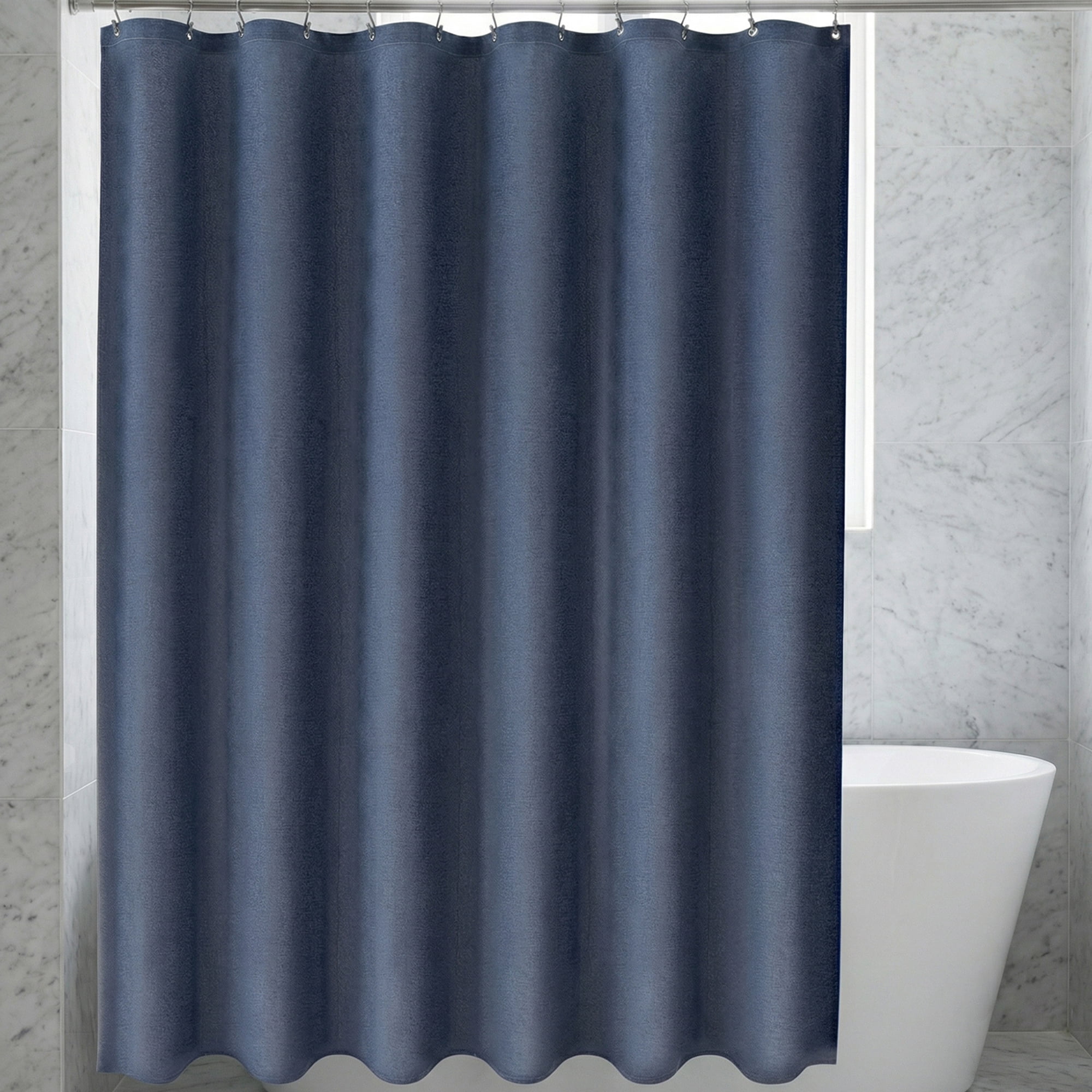 Unique Bargains Solid Color Linen-Like Shower Curtain with Hooks Blue 71"W x 71"L