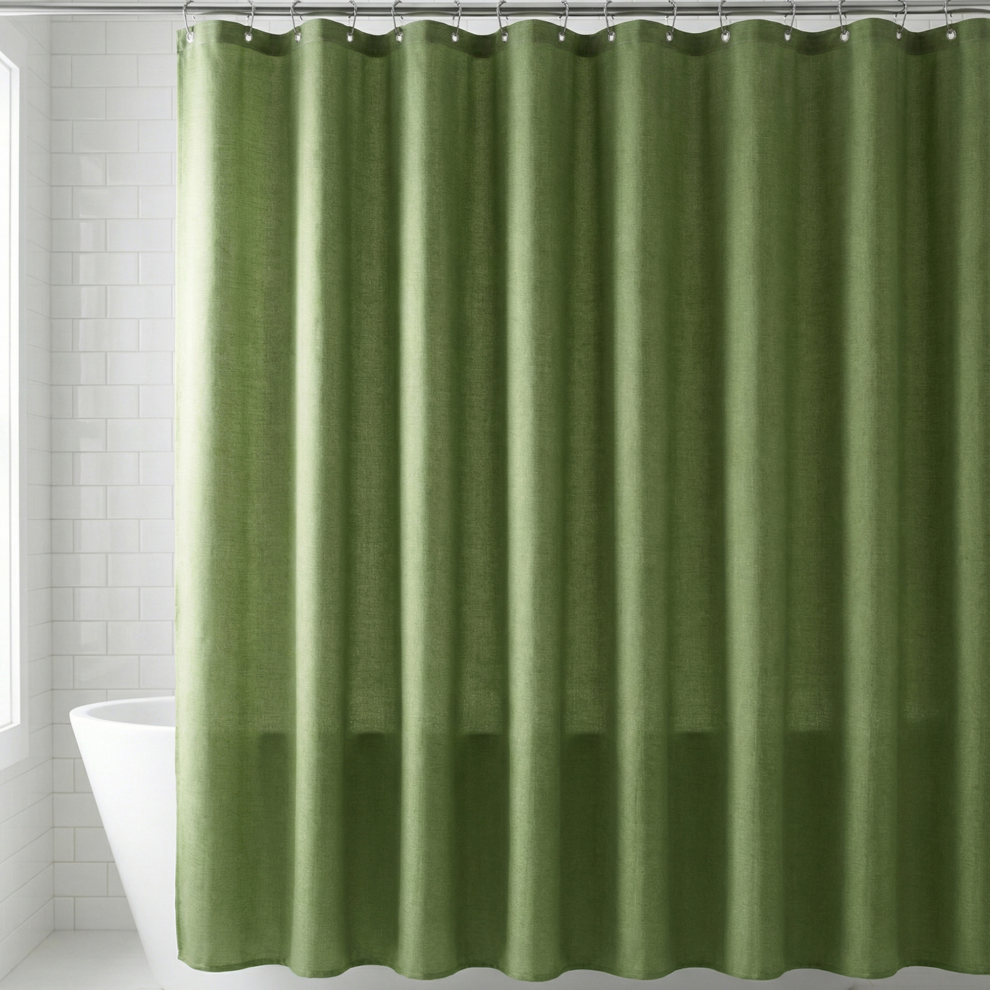 Unique Bargains Solid Color Linen-Like Shower Curtain with Hooks Green 71"W x 71"L