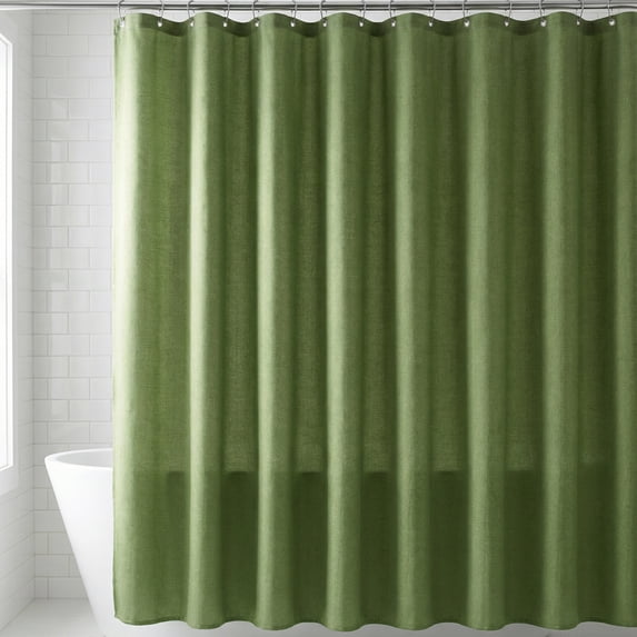 Unique Bargains Solid Color Linen-Like Shower Curtain with Hooks Green 71"W x 71"L