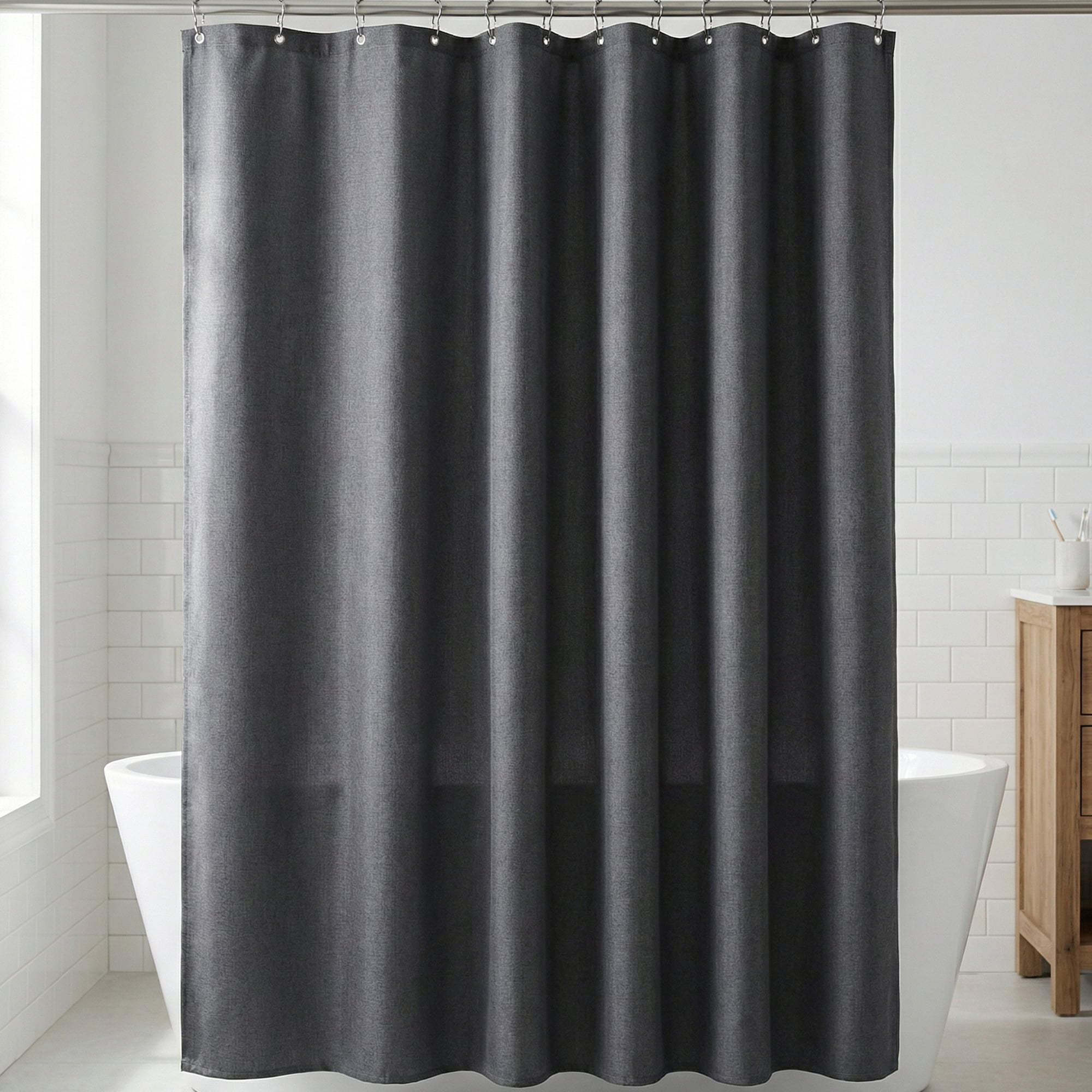 Unique Bargains Solid Color Linen-Like Shower Curtain with Hooks Grey 71"W x 71"L