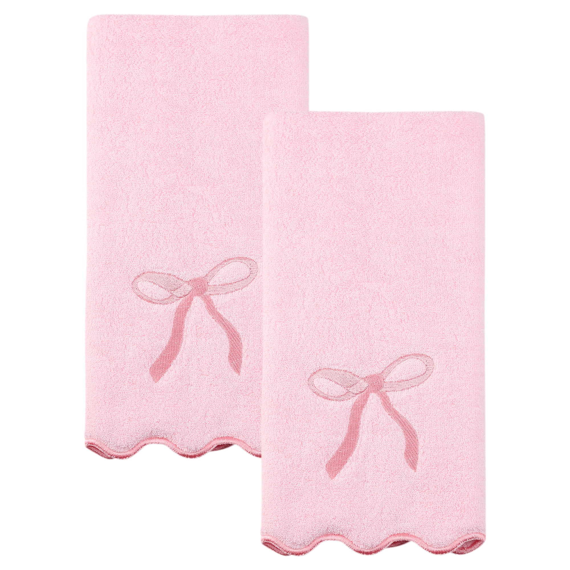 Unique Bargains Solid Cotton Elegant Border Hand Towels 28" x 13" Pink 2pk