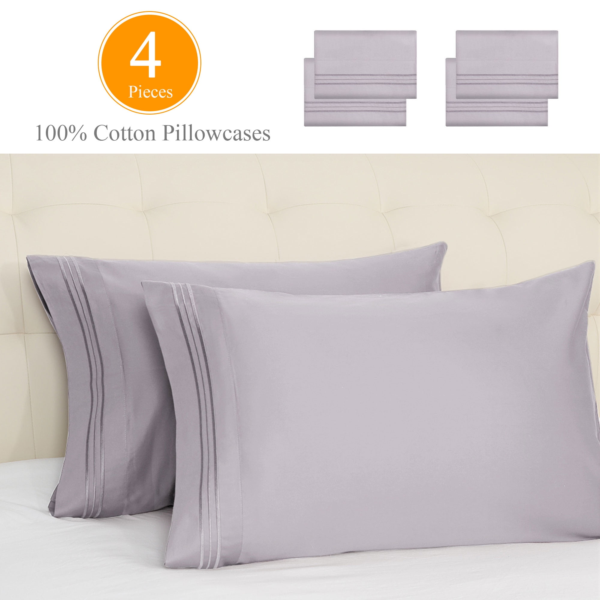 Unique Bargains Set of 4 600TC Combed Cotton Pillowcases, Standard, Pale Purple