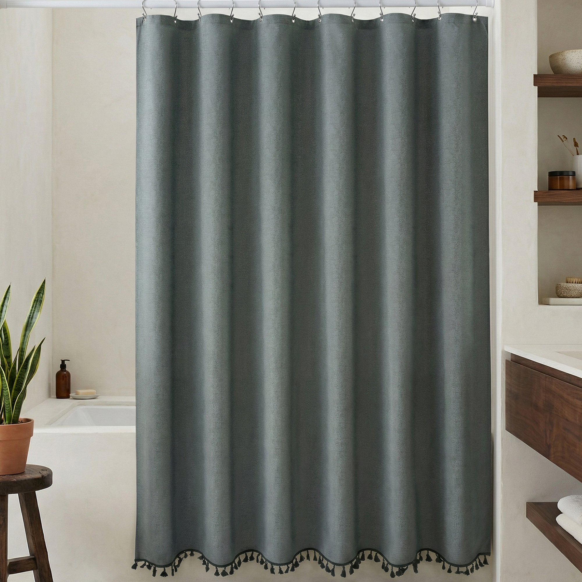 Unique Bargains Solid Trimmed Shower Curtain Sets with 12 Hooks Green 71"W x 71"L