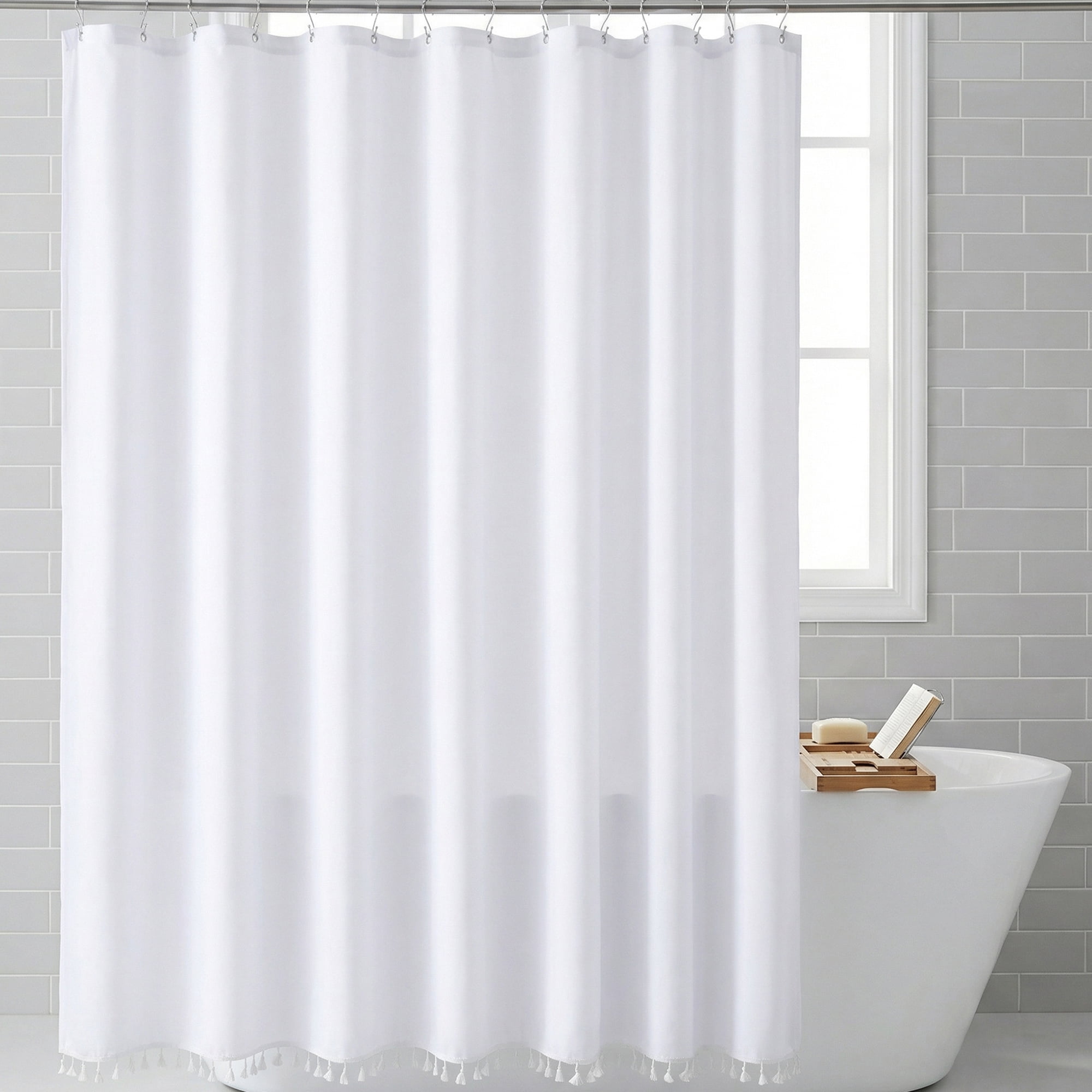 Unique Bargains Solid Trimmed Shower Curtain Sets with 12 Hooks White 71"W x 71"L