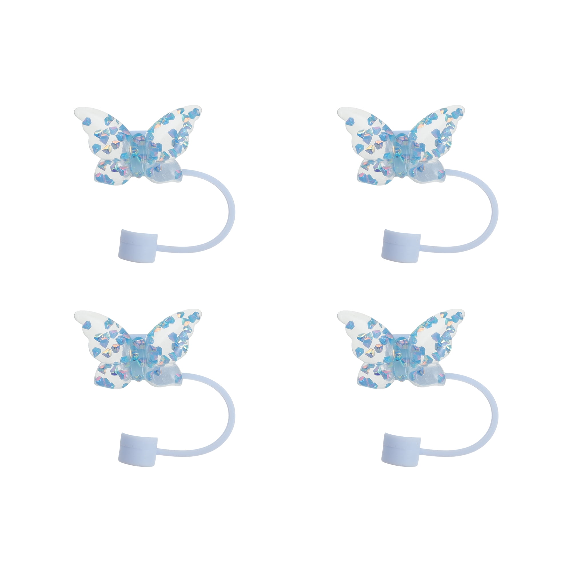 Unique Bargains Sparkling Butterfly Straw Cover Cap Set of 4 Blue