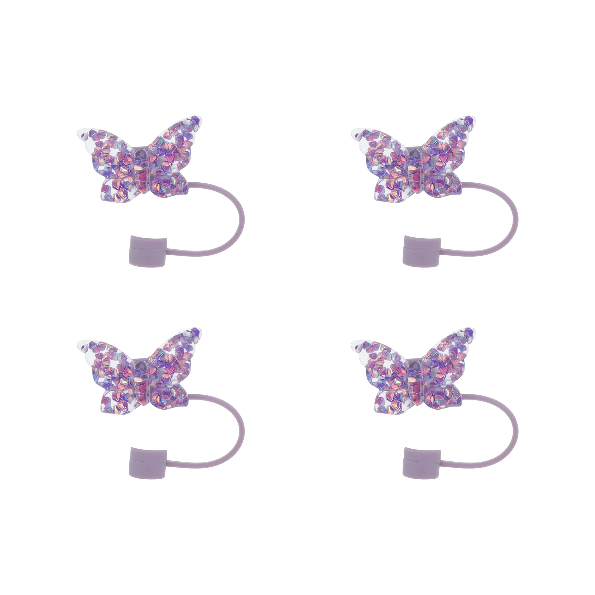 Unique Bargains Sparkling Butterfly Straw Cover Cap Set of 4 Purple
