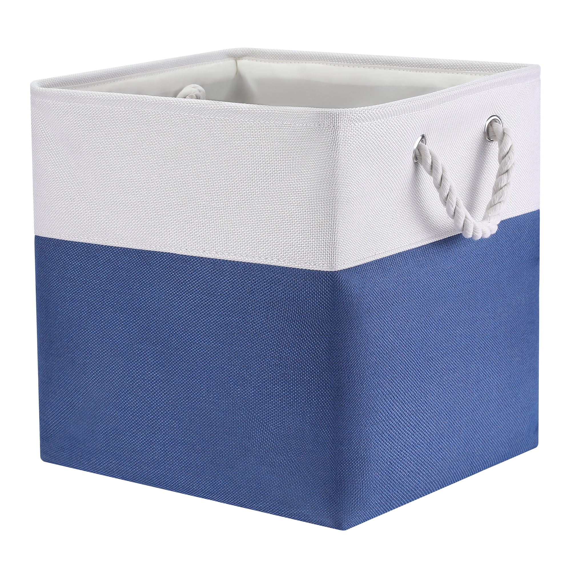 Unique Bargains Square Fabric Storage Basket Bin White/Dark Blue 13inch