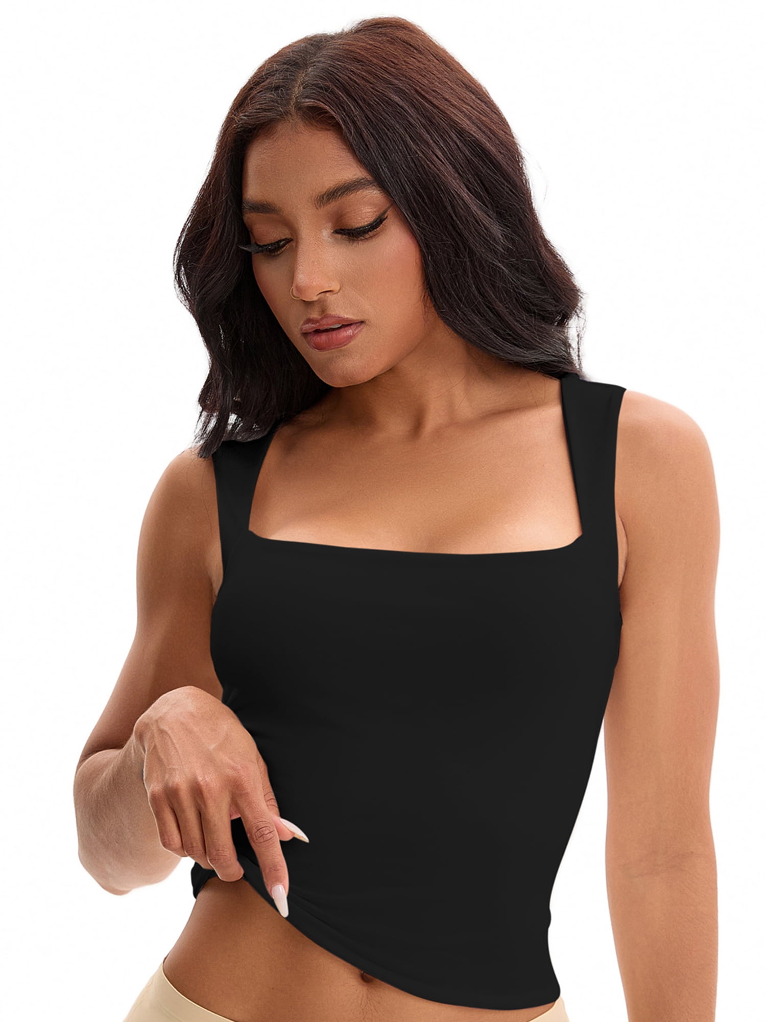 Unique Bargains Square Neck Sleeveless Tank Camisoles L Black