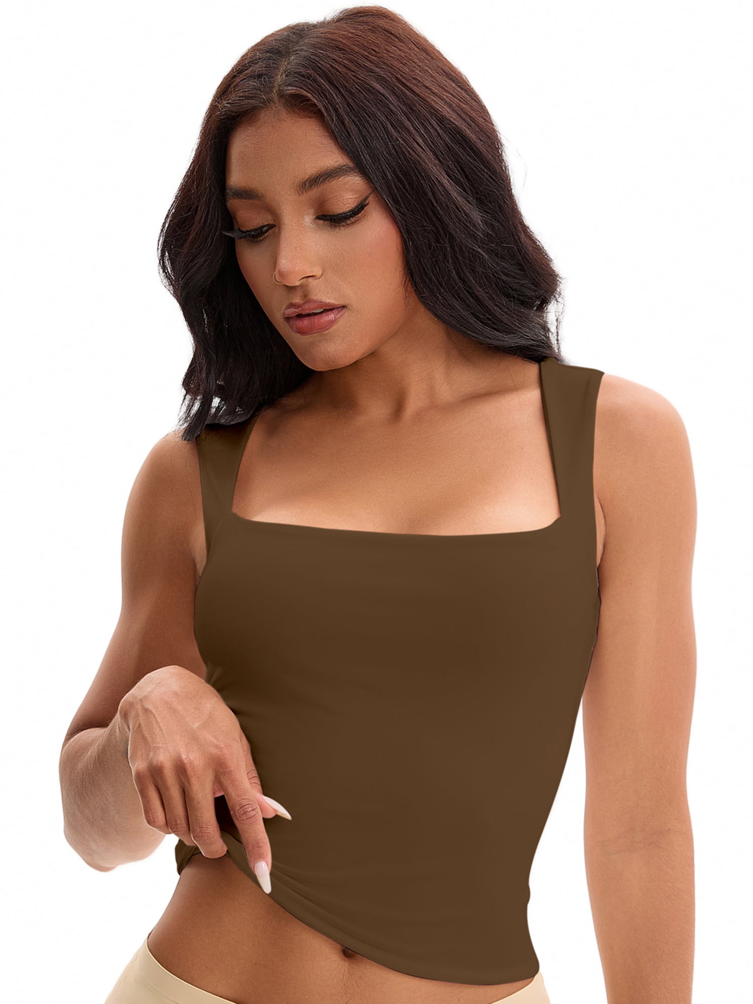 Unique Bargains Square Neck Sleeveless Tank Camisoles L Brown