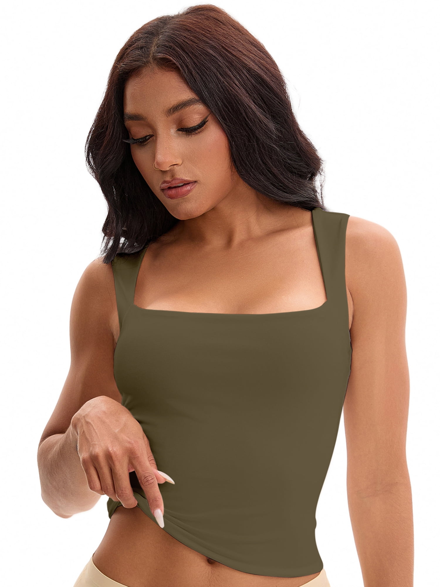 Unique Bargains Square Neck Sleeveless Tank Camisoles L Green
