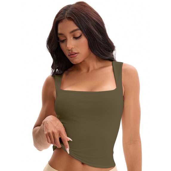 Unique Bargains Square Neck Sleeveless Tank Camisoles L Green