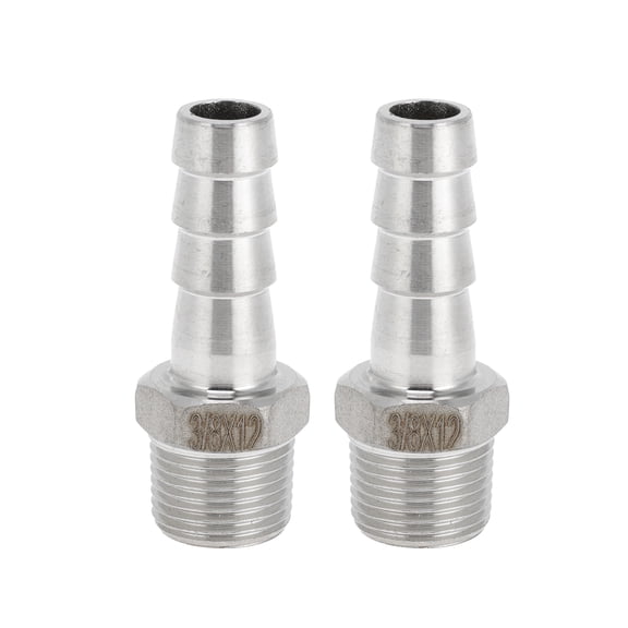 Unique Bargains Stainless Steel Barb Fittings, 15/32" Barb 3/8 BSPT Male Hose Barb Tubing Connector for Air Water Oil Gas Fuel, 2 Pcs
