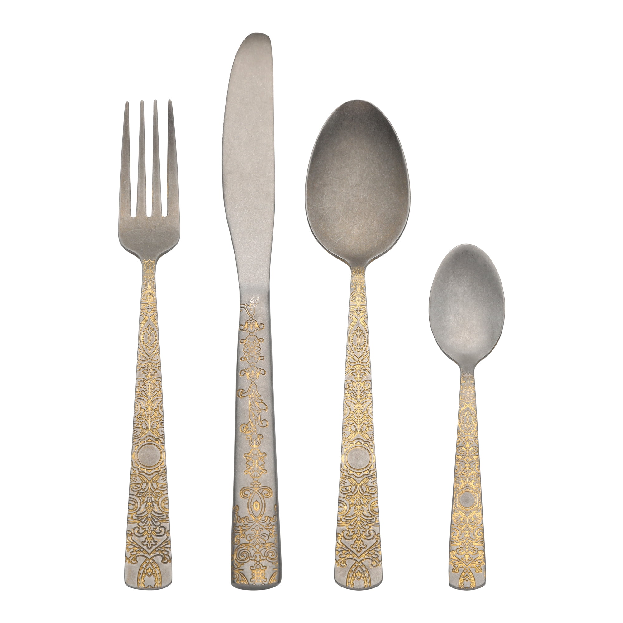 Unique Bargains Stainless Steel Floral Flatware Set for Many Occasions Retro Gold 4pcs