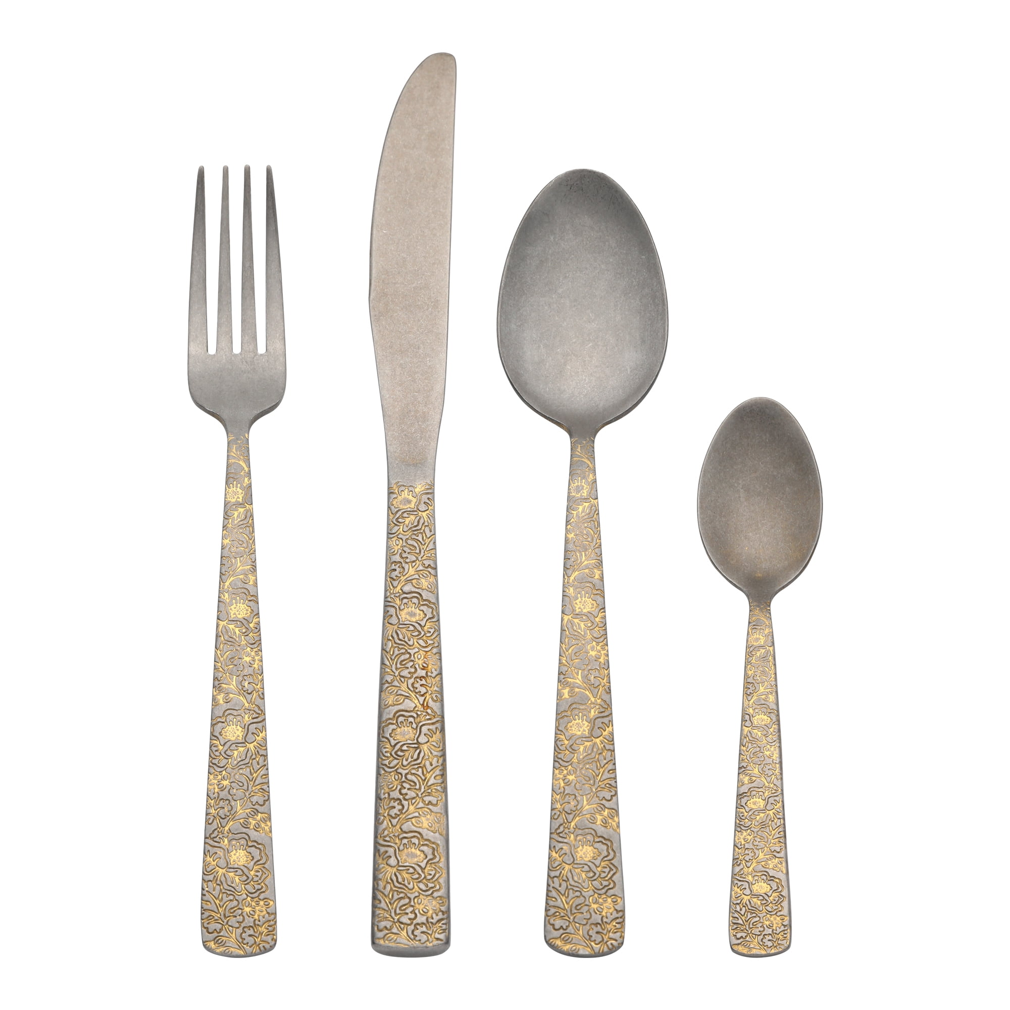 Unique Bargains Stainless Steel Floral Flatware Set for Multiple Uses Retro Gold 4pcs