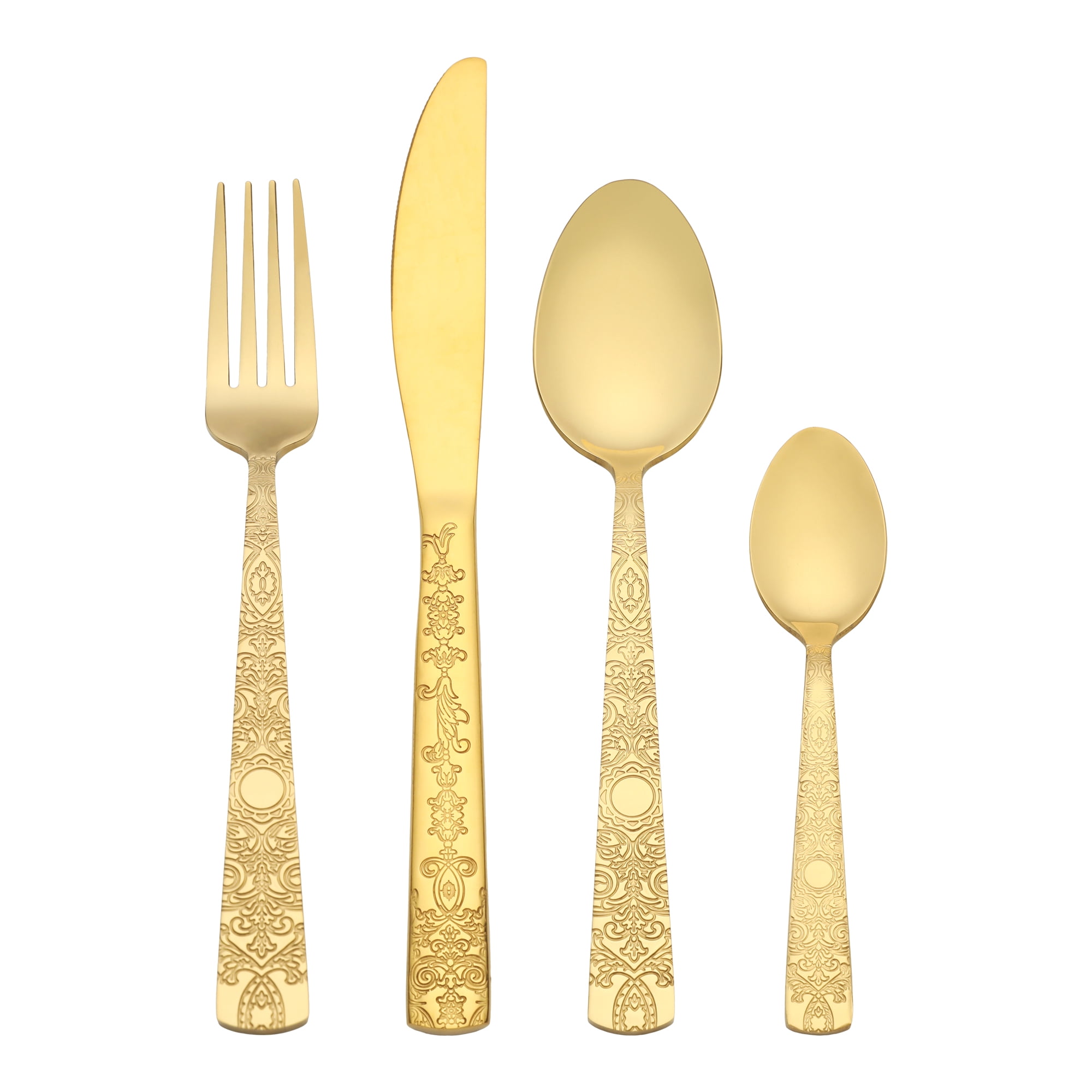 Unique Bargains Stainless Steel Floral Flatware Set for Various Occasions Gold 4pcs