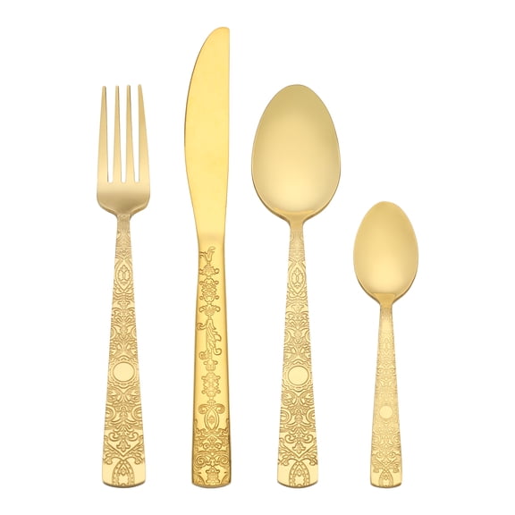Unique Bargains Stainless Steel Floral Flatware Set for Various Occasions Gold 4pcs