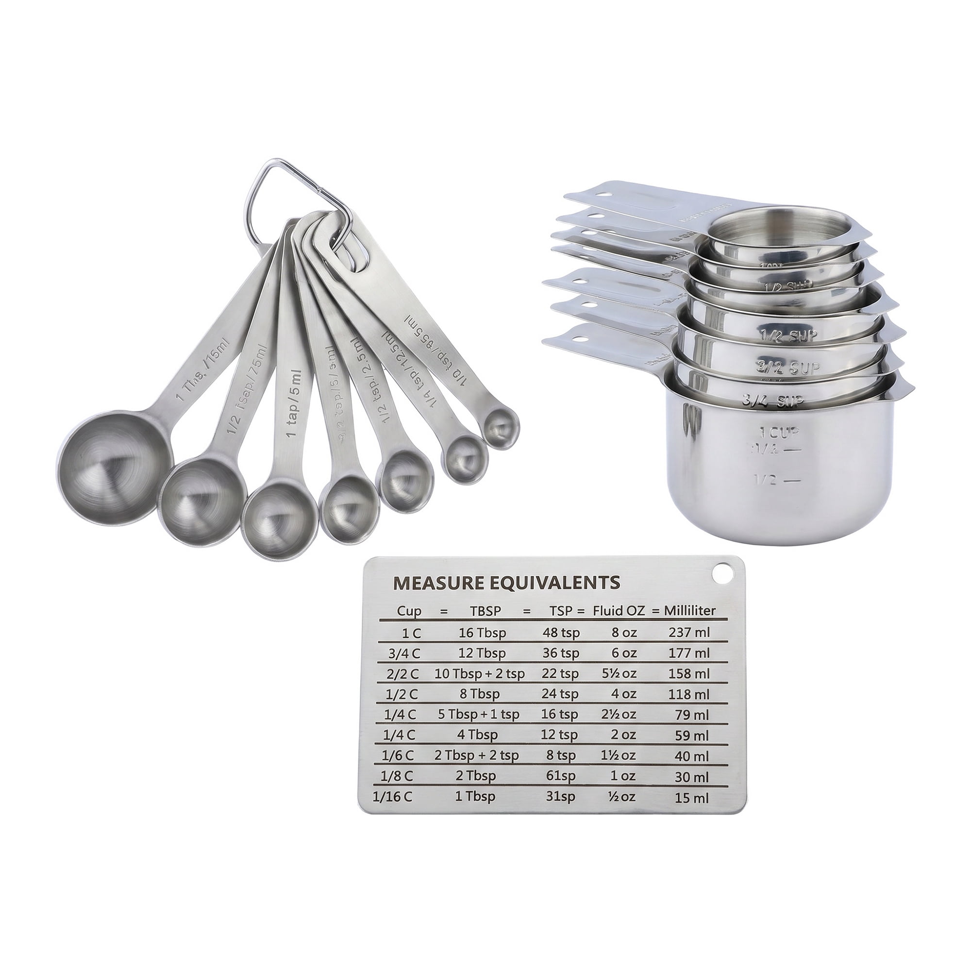 Unique Bargains Stainless Steel Measuring Stackable Cups Spoons Set Silver 15Pcs