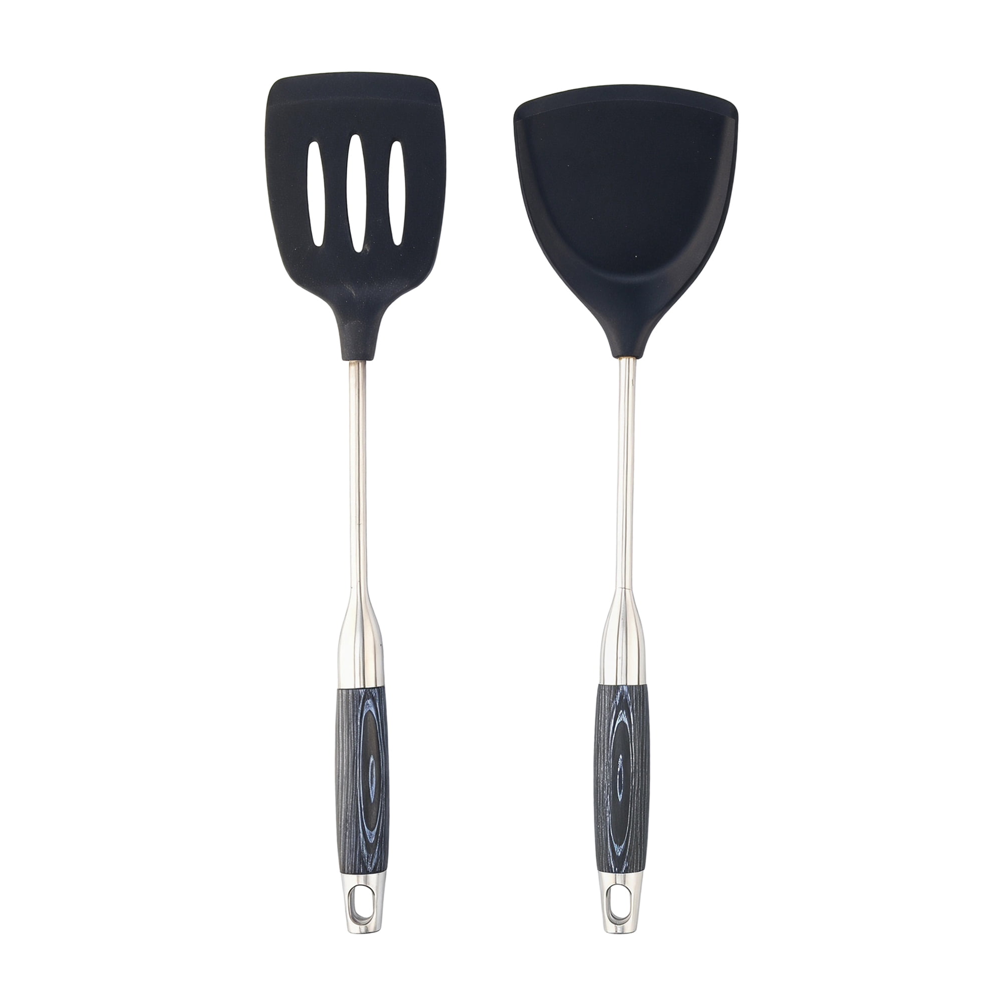 Unique Bargains Stainless Steel Two-tone Square Hole Kitchen Cooking Utensil Set Black-Silver B 2