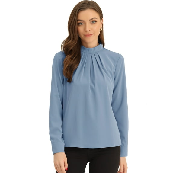 Unique Bargains Stand Collar Chiffon Blouse for Women's Long Sleeve Work Shirt L Grey Blue