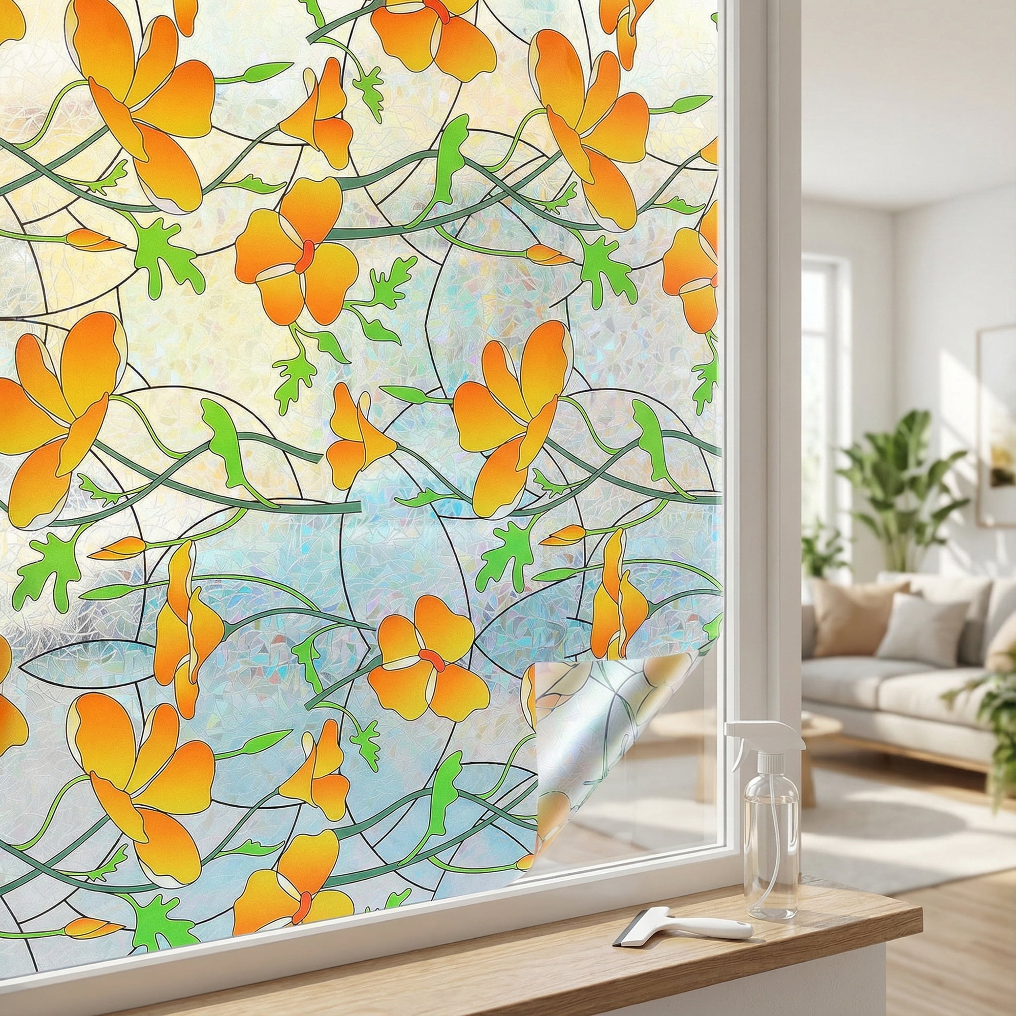 Unique Bargains Static Cling Floral 3D Prism Window Privacy Film Yellow 39.4" x 23.6"