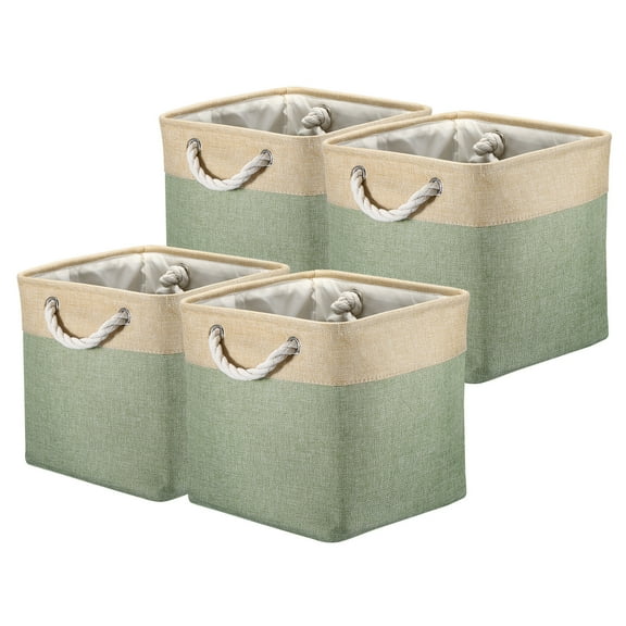 Unique Bargains Storage Baskets Fabric Collapsible Cube Basket w Handles Beige, Green